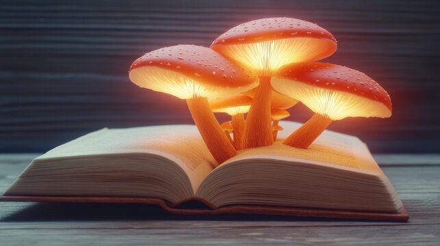 Glowing mushrooms sprouting from an open book, symbolizing creativity and imagination, AI