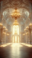 Fototapeta premium Empty grand ballroom with glowing chandeliers, golden light through tall windows.
