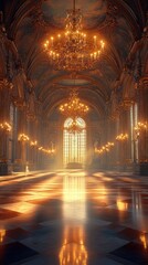 Obraz premium ' Empty hall with gold chandeliers and a checkerboard floor, bathed in bright sunlight.