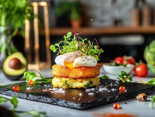 Delicious Poached Egg atop Potato Cake with Microgreens Gourmet Dish