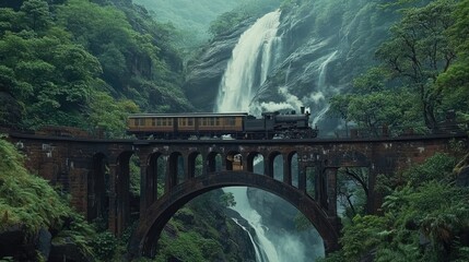 A picturesque scene of a train crossing a bridge near Dudhsagar Falls, with the waterfall in the background, blending nature and engineering marvel.