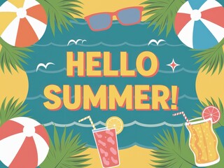 Hello summer! Colorful beach scene with drinks and beach balls