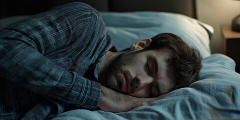 A serene young man sleeping soundly in a cozy bedroom.