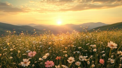 Naklejka premium A peaceful meadow filled with wildflowers, swaying gently in the breeze under a warm, golden sunset. Rolling hills and distant mountains frame the horizon, bathed in soft evening light.