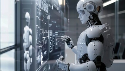 Futuristic robot conducts interview in sleek gray white office. Advanced tech digital interfaces shine.  No humans present.  AI future now.