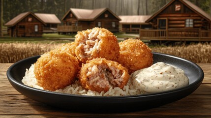 Crispy Salmon Croquettes Recipe with Creamy Sauce on Rice in Rustic Setting | Delicious Seafood Dish with Cozy Cabin Background for Comfort Food Lovers
