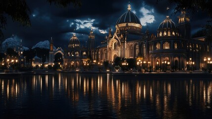 Fototapeta premium A nighttime view of the basilica with dramatic lighting highlighting its architectural features, reflecting in a nearby water body, creating a captivating and serene ambiance.
