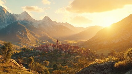 Fototapeta premium A panoramic scene of a quiet village nestled among majestic mountains, bathed in the warm glow of the setting sun.