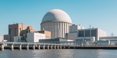 Fototapeta premium Modern nuclear power plant with a large dome structure by the water