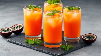 Top-down view of tropical mango and passionfruit juices in tall glasses with ice, styled with fresh fruit slices on a neutral grey stone surface