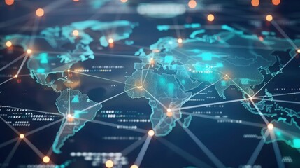 Glowing world map illustrating global business network concept. Interconnected lines and digital edges create a dynamic visual.  A futuristic portrayal of worldwide interconnectedness.