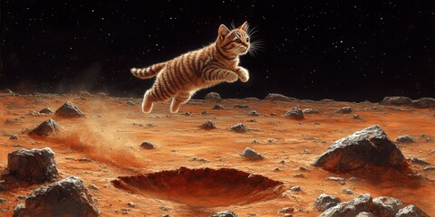 Obraz premium Adorable Cat Leaping Over Martian Crater: Explore the Charm of a Cat Jumping in a Surreal Outer Space Setting with Red Planet Rocks and Dust