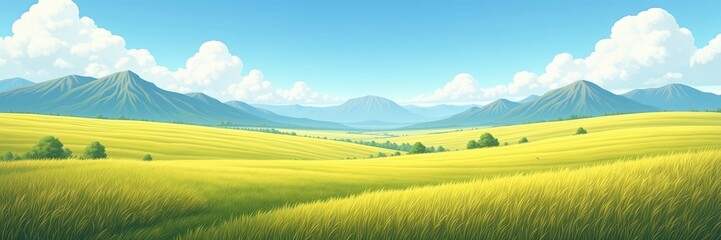 Fototapeta premium Vast golden fields meeting distant mountains under a clear blue sky with fluffy clouds