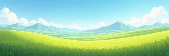 Gardinen Lush green rolling hills stretch out under a clear blue sky with fluffy white clouds © Yho Stock