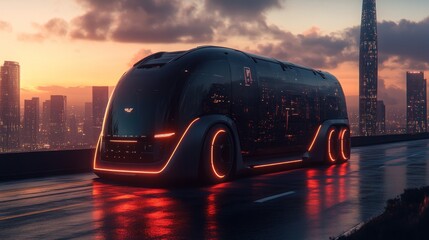 Obraz premium Futuristic autonomous vehicle illuminated on a rainy city street at sunset.