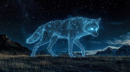 Fototapeta premium Ethereal wolf made of stars walking through a night sky