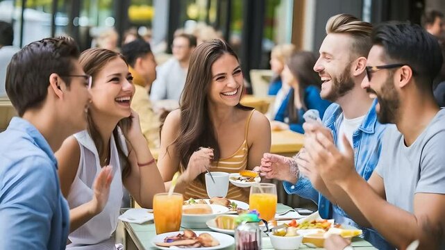 Friends laughing at outdoor cafe, sharing good times and happy moments