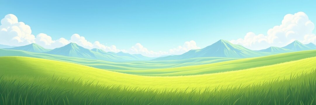 Lush green rolling hills stretch out under a clear blue sky with fluffy white clouds