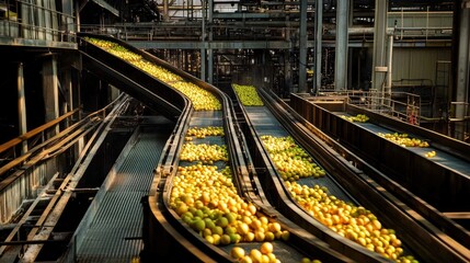 Fototapeta premium Conveyor belts carrying freshly washed apples in a food factory.