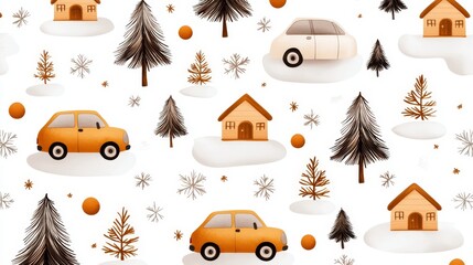 Naklejka premium vintage holiday pattern, retro cars, cozy cabins among trees, soft faded tones, charming nostalgic feel, isolated on white background