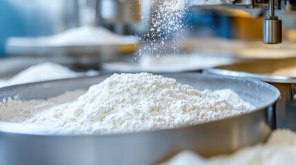 Flour being sifted through industrial equipment in a factory.