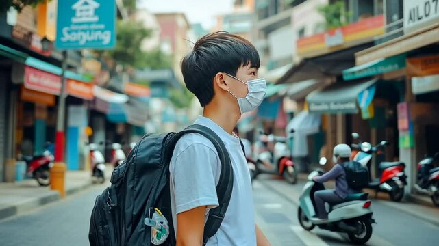 Young Asian man walks on a bustling city street, wearing a protective mask and backpack. The scenario suggests themes of health safety and urban life.