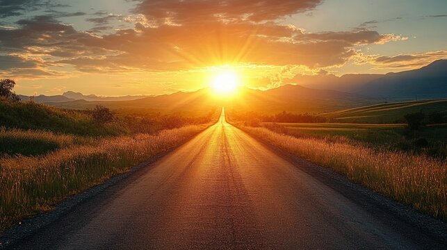 Straight Road in Sunset Landscape Concept for New Beginnings and Future Aspirations