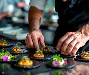 Obraz premium Hands are meticulously arranging fresh ingredients atop gourmet dishes in a vibrant kitchen during a busy culinary session