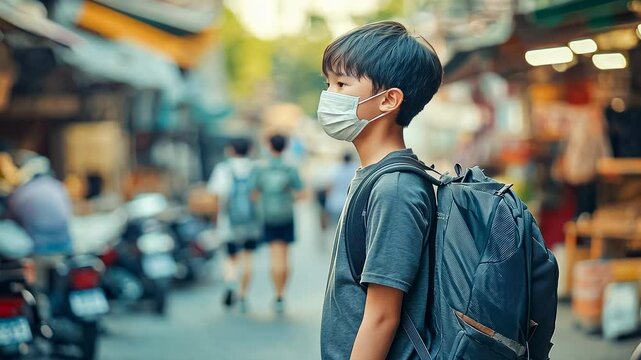 Young Asian man replete with mask traverses a vibrant market street, signaling public health precautions. The bustling backdrop hints at urban life, with signs of normalcy amidst the pandemic era.
