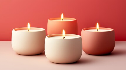 Minimalist candle holders in muted sand tones, their closed forms elegantly styled, set against a vibrant red and pink gradient background