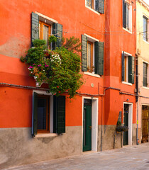 Flower pots decorate on the walls and green windows of the red house in Venice, Italy