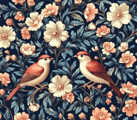Seamless floral pattern with birds and branches in vibrant Art Nouveau style