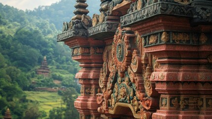 Fototapeta premium A close-up of the templea??s intricately designed entrance, showcasing the detailed carvings and vibrant colors of the structure against a backdrop of rolling hills.