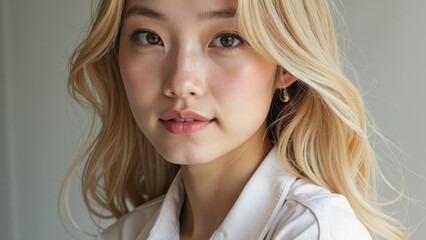 A radiant young woman gazes warmly at the lens, surrounded by a soft pink floral print that adds a touch of whimsy to her bright smile