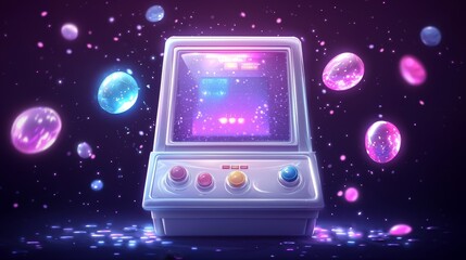 Miniature retro arcade machine, detailed vector art, colorful pixel graphics on screen, whimsical and nostalgic vibe