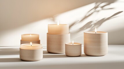 Contemporary candle holder in beige tones, featuring geometric closed forms, natural materials aesthetic, warm ambient lighting setup