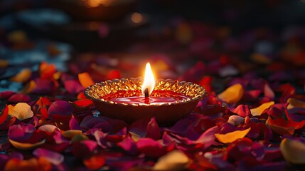 A beautifully lit lamp surrounded by vibrant flower petals, symbolizing hope and positivity during the auspicious occasion of Dussehra.