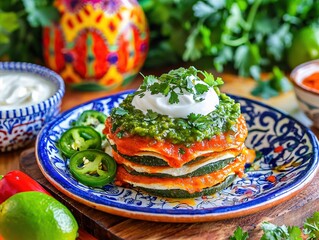 Delicious Zucchini Stack with Salsa Verde Creamy Topping and Cilantro Garnish