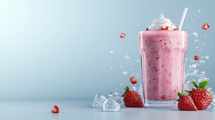 Creamy strawberry shake with crushed ice and whipped topping, artistically styled on a grey surface, photorealistic detail