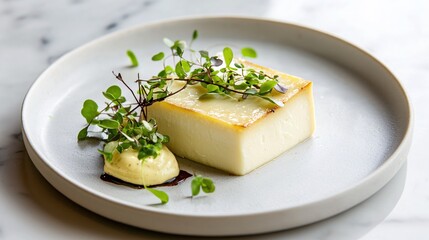 Elegant Creamy Dessert Plate Garnish Microgreens Sauce