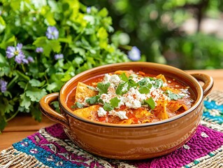 Delicious Spicy Tortilla Soup with Cheese and Cilantro Garnish