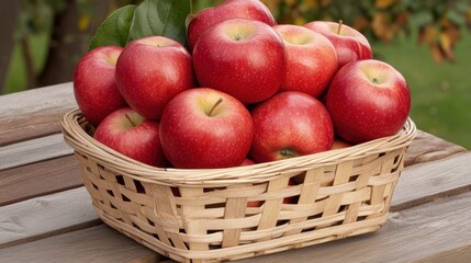A basket full of ripe apples resting on a wooden table with a natural background.