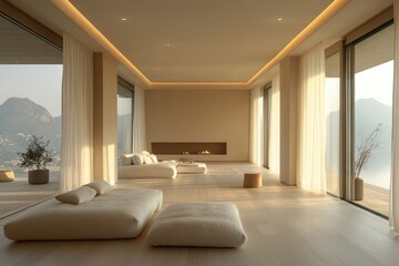 Fototapeta premium Minimalist Living Room Design with Large Windows and Natural Light