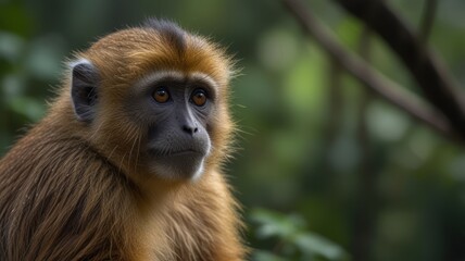 Obraz premium Close-up portrait of a pensive golden monkey in a lush forest.