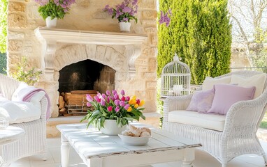 Fototapeta premium Shabby chic courtyard with stone fireplace and tulips