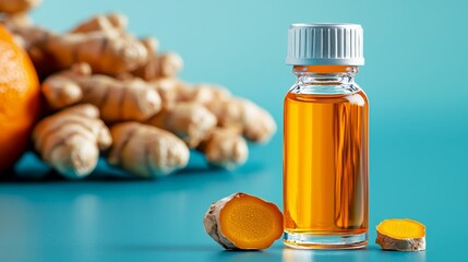 Wellness shot bottle with ginger and turmeric roots, earthy tones and simple background, elegant ad template with logo space, organic and bold