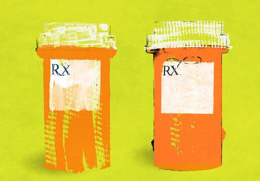 Two Pharmacy Prescription bottles with blank RX labels