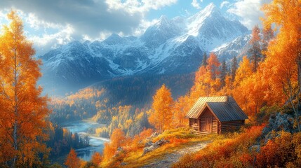 Autumn Cabin in Serene Mountains with Vibrant Trees and Golden Hour Light
