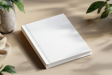 Minimalist white book mockup with coffee cup oleander and beige background for workspace design