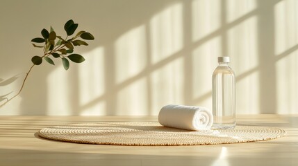 Fototapeta premium Yoga mat on minimal wooden floor, warm natural light, wellness symbols like water bottle and towel, ample text space, clean and relaxing style